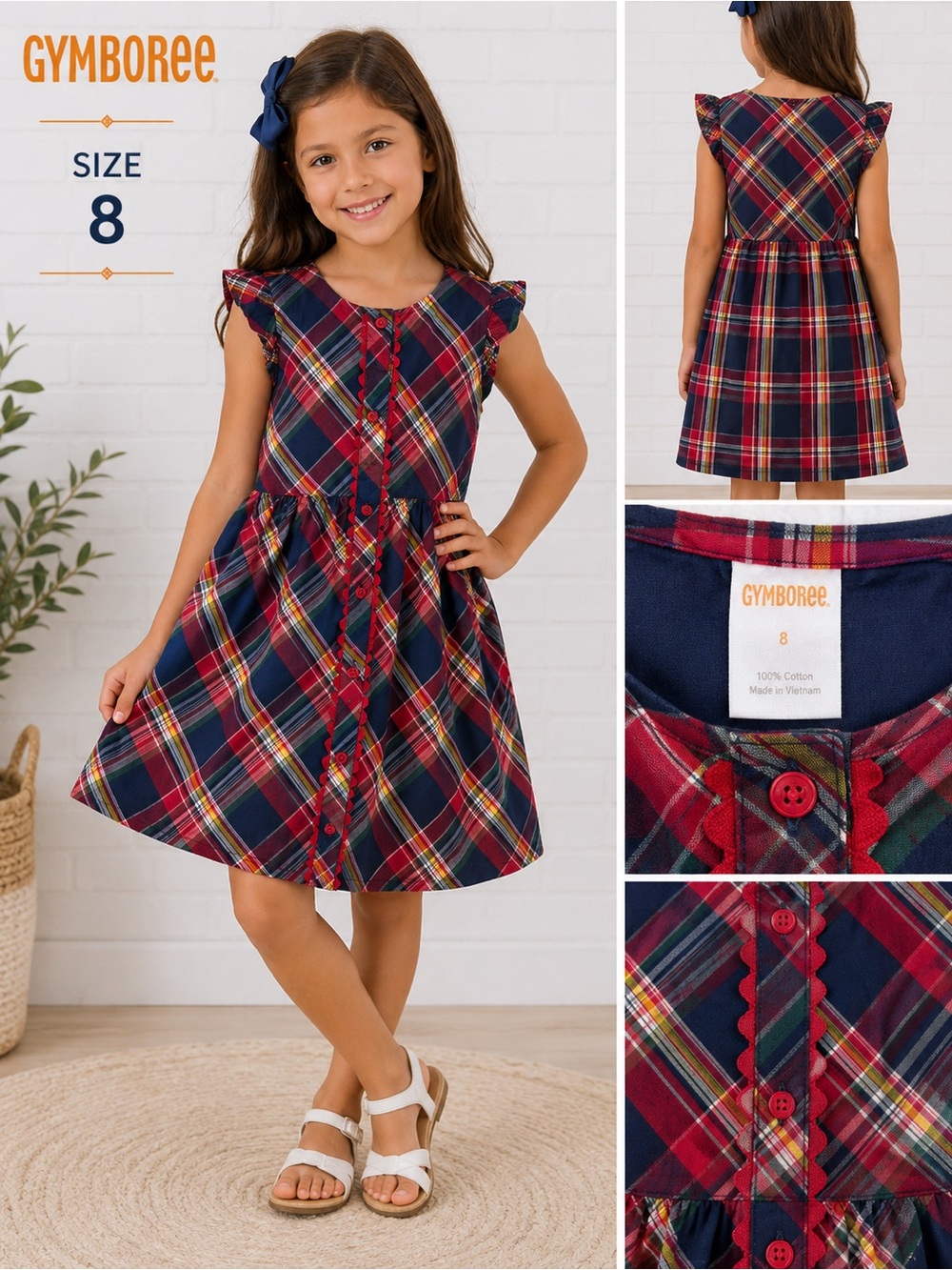 Gymboree Girls Size 8 cotton Plaid Ruffle Sleeve Button Front Dress